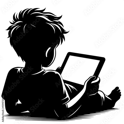 Black and White Vector Silhouette of a Boy Lying on Floor Watching Tablet