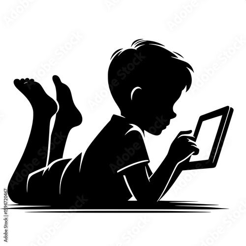 Black and White Vector Silhouette of a Boy Lying on Floor Watching Tablet