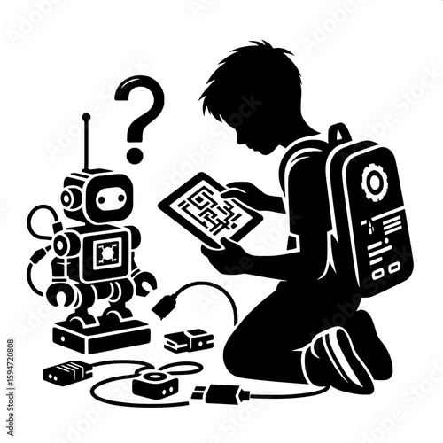 Black and White Vector Silhouette of a Boy Using a Coding Kit