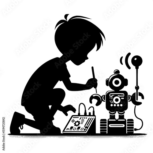 Black and White Vector Silhouette of a Boy Using a Coding Kit