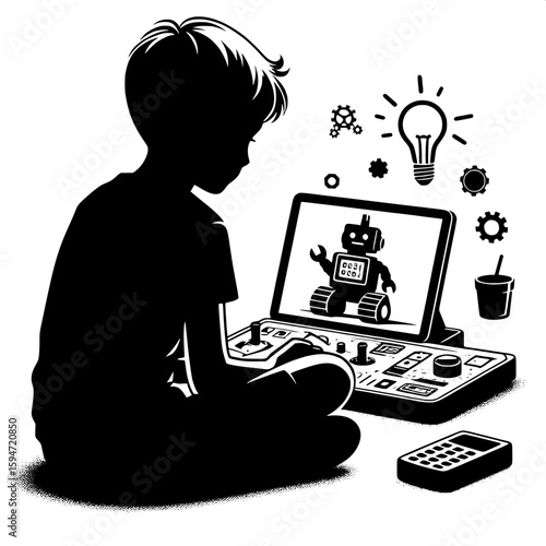 Black and White Vector Silhouette of a Boy Using a Coding Kit