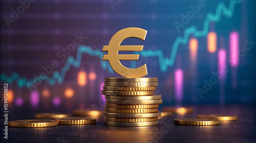 Golden euro symbol perched atop stacked coins against blurred financial chart background