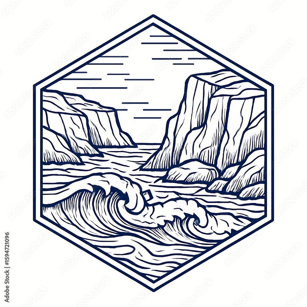 Fototapeta premium Striking linear illustration featuring ocean waves, cliffs, and a rocky shore set within a bold hexagon shape.