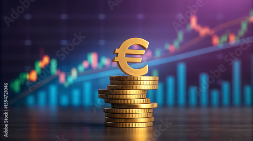 Golden euro symbol perched atop stacked coins against financial chart background
