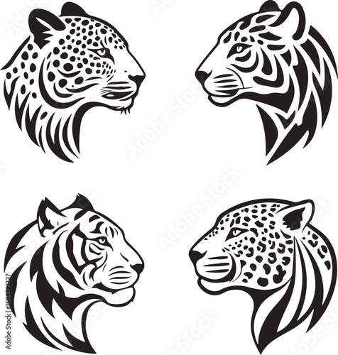 Four stylized big cat heads black and white leopard tiger