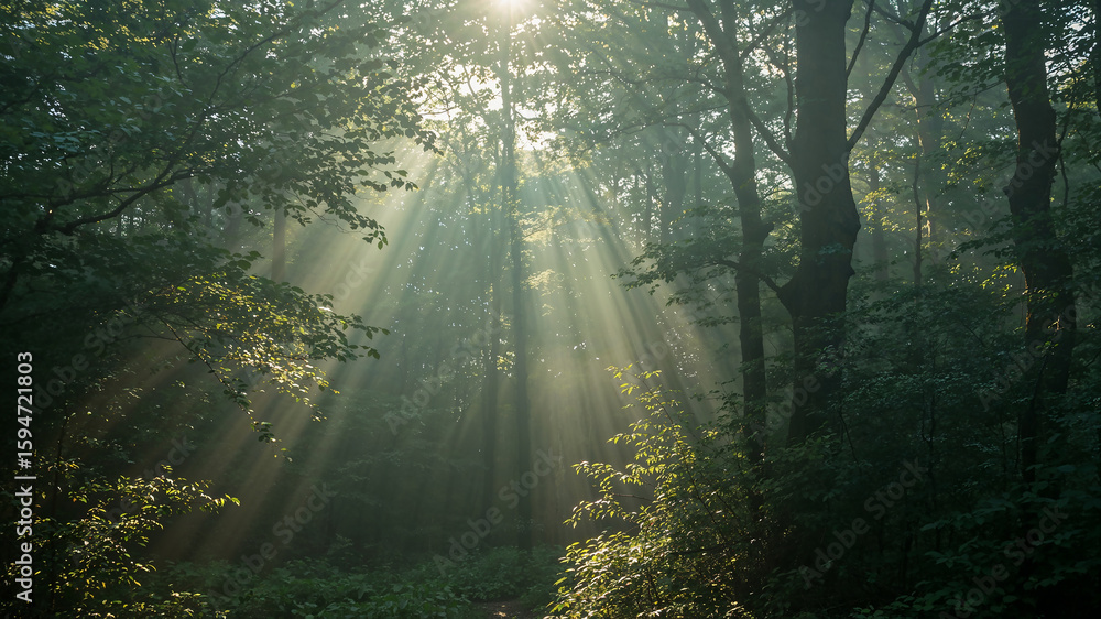 Obraz premium Sunbeams filtering through trees in misty forest