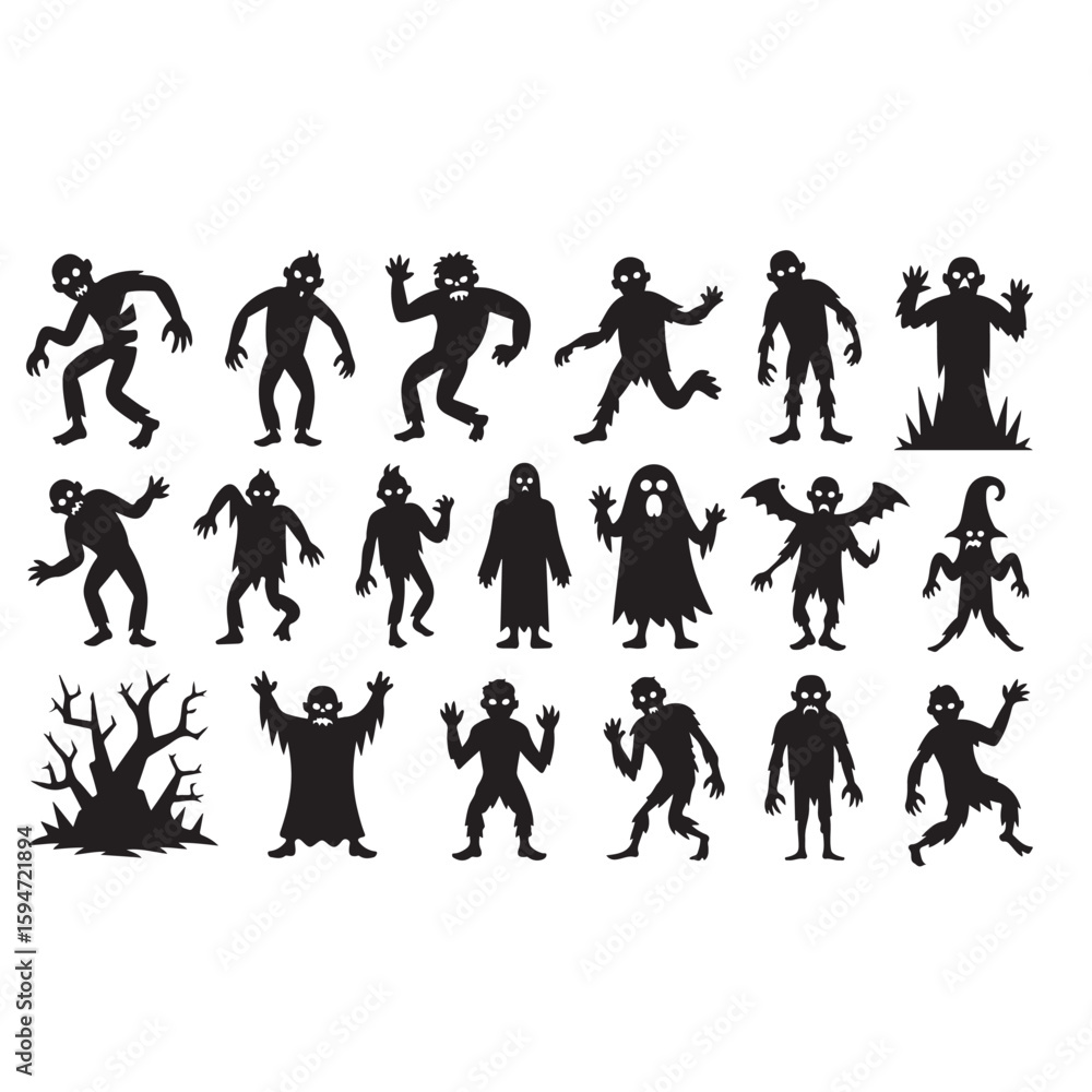 Fototapeta premium A collection of halloween themed silhouette illustrations featuring various spooky characters and elements