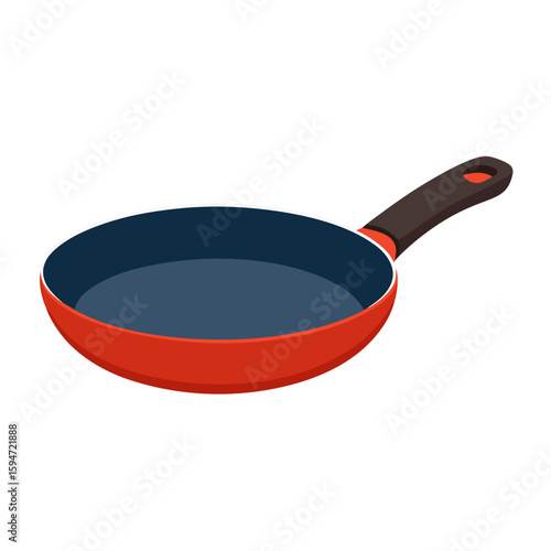 a colorful frying pan or skillet with a red exterior, dark blue/navy interior coating, and a brown ergonomic handle.