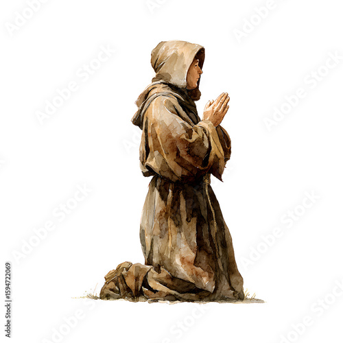 Watercolor Monk Praying: Religious Devotion and Spirituality Illustration