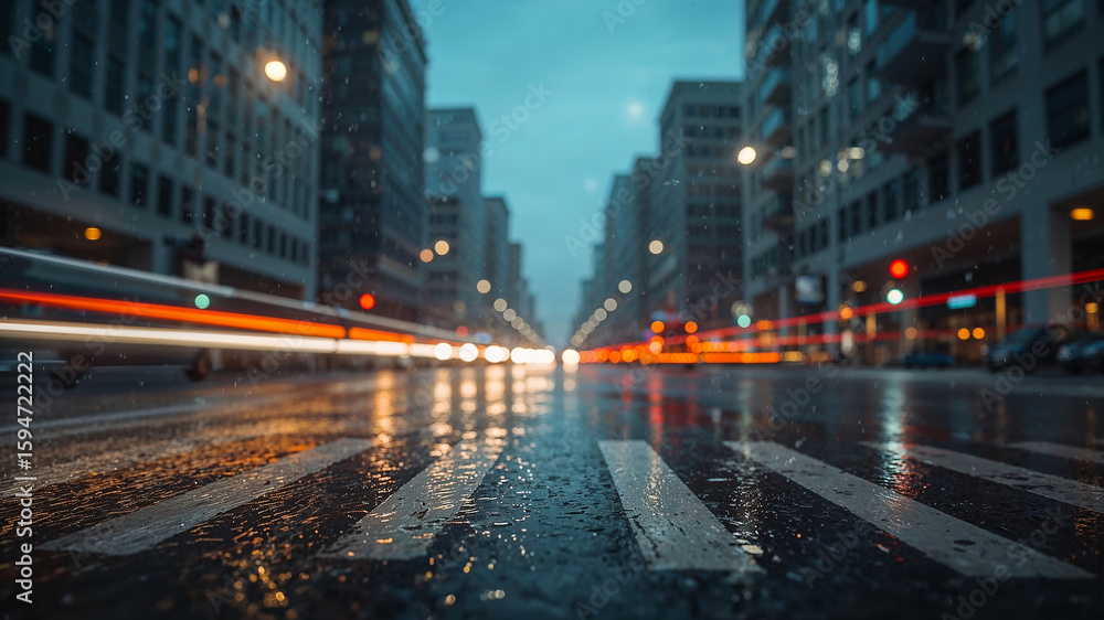 Obraz premium Wet crosswalk reflecting city lights during a rainy night with light trails from passing cars