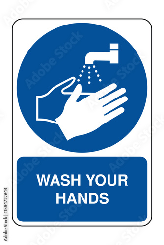 Wash Your Hands Sign with Explanation – Mandatory Hygiene Instruction Icon with Faucet and Hand Symbol – High Quality Vectorial Stock Image