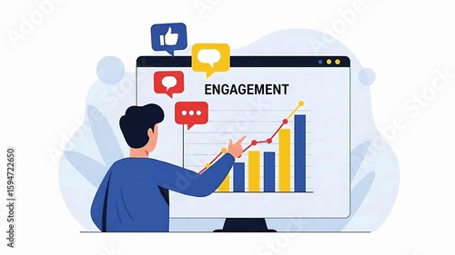 A man interacts with a computer screen displaying an upward trending graph, symbolizing successful online engagement and positive growth.