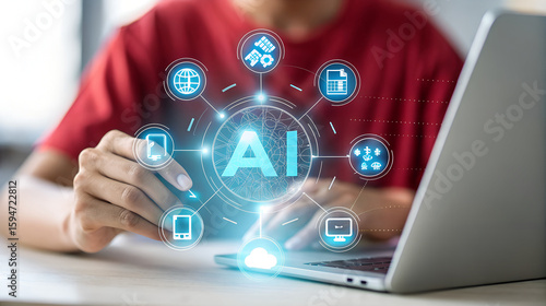 Person interacting with ai technology and digital network on laptop