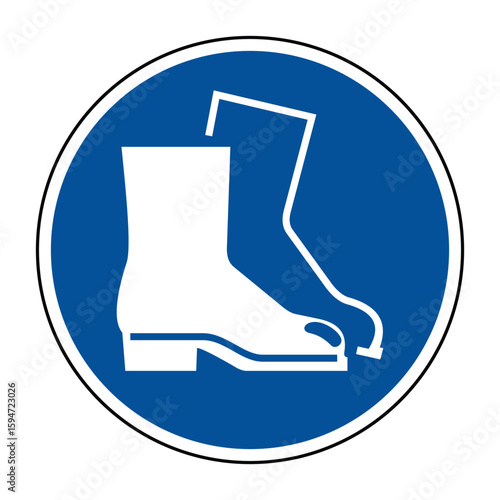 Wear Safety Footwear Sign – Protective Boots Symbol on Blue Mandatory Safety Circle – High Quality Vectorial Stock Image