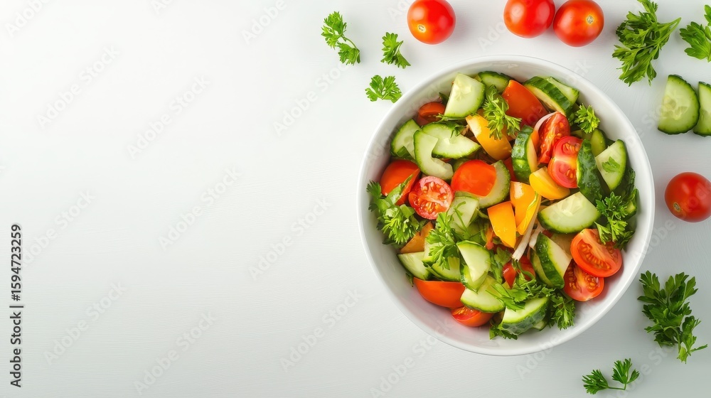 Fresh salad of sliced cucumbers tomatoes and bell peppers with parsley in a white bowl displayed on a bright white surface with additional greens around it. Fresh salad of sliced cucumbers tomatoes and bell peppers with parsley in a white bowl displayed on a bright white surface with additional greens around it.