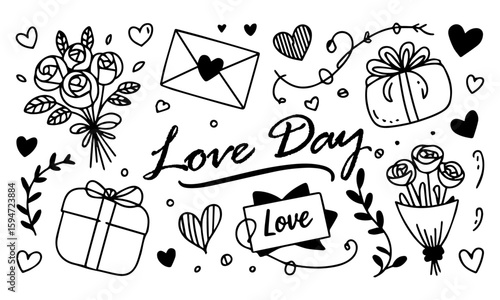 Love outline elements doodles of roses, flower bouquet, heart, teddy bear, gift box, and love letter