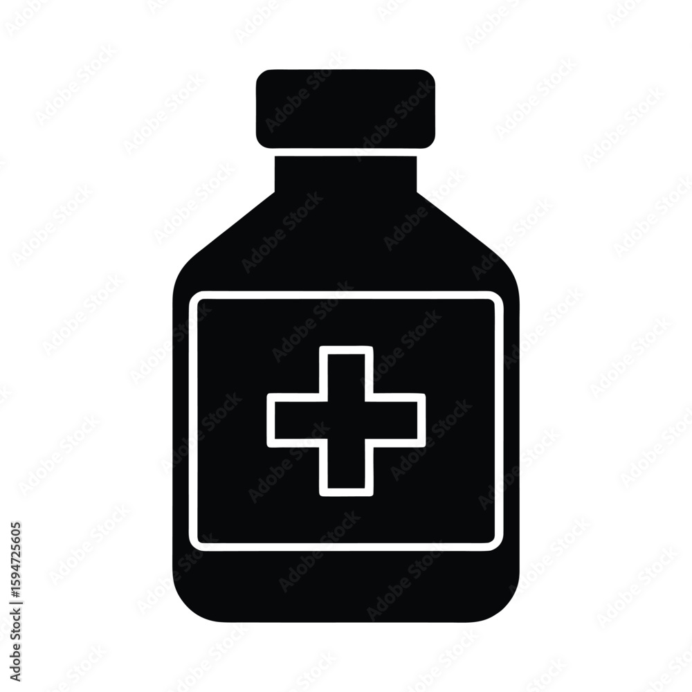 Solid silhouette of medicine bottle with cross vector on white background Solid silhouette of medicine bottle with cross vector on white background