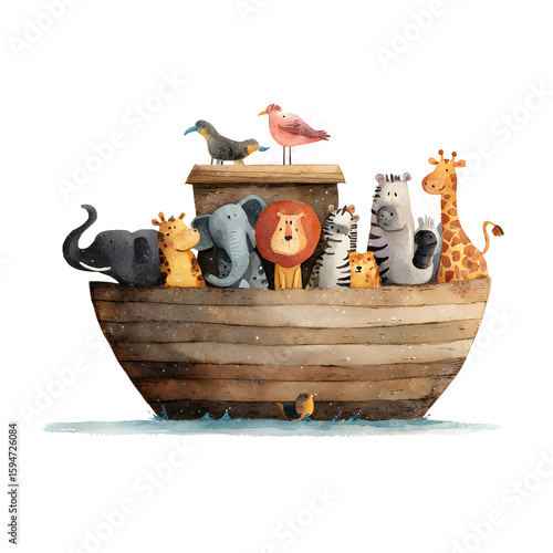 Watercolor Noah's Ark Illustration with Animals - Cute, Whimsical, and Religious Theme for Children's Books and Educational Materials