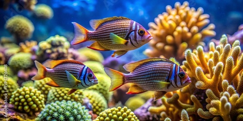 Fototapeta Naklejka Na Ścianę i Meble -  Striped tropical fish gracefully swimming amidst vibrant coral reefs in an underwater paradise