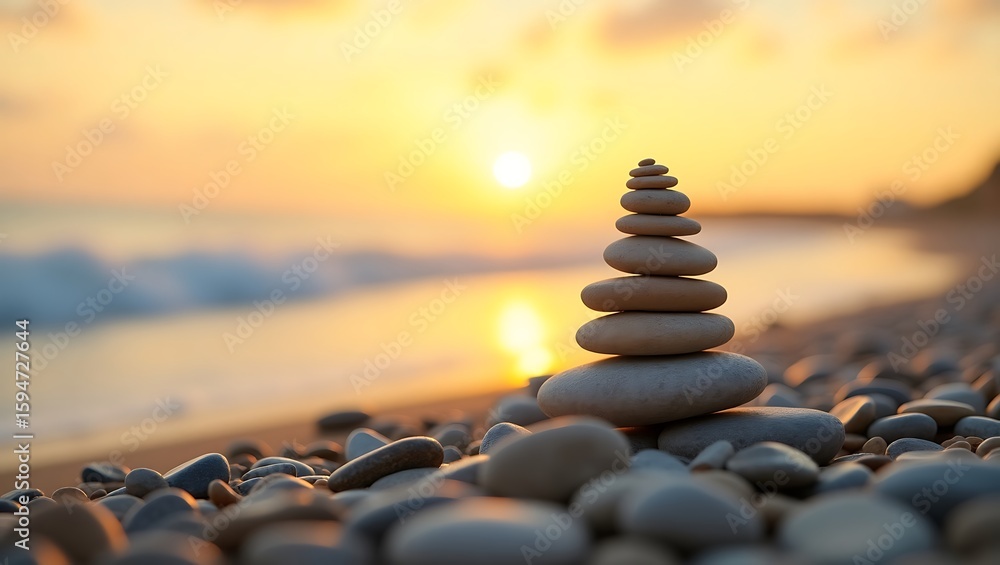 Obraz premium Zen Stones Balanced on Beach at Sunset for Meditation