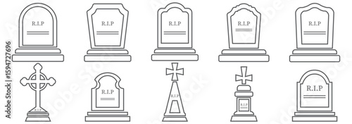 Gravestone, headstone and tombstone icons, tomb stone vector silhouettes. Cemetery or graveyard tombstones with RIP memorial and gothic cross, funeral grave burial and Christian cemetery monuments