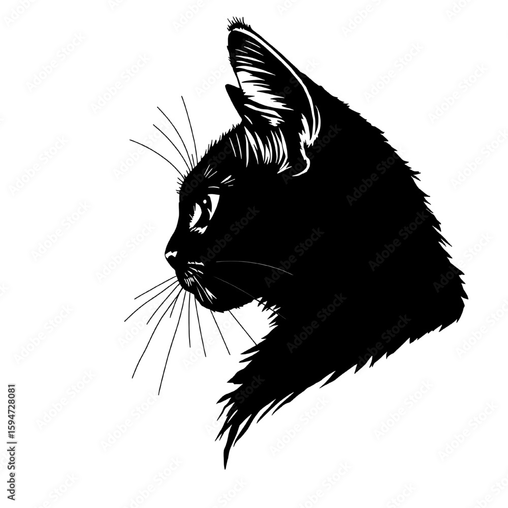 Obraz premium a detailed black and white silhouette of a cat's profile with intricate fur texture and striking whiskers against a clean transparent background