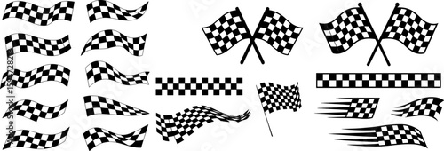 Versatile vector collection of black-and-white checkered finish flags in waving, crossing, fluttering and speed-trail styles, plus straight racing-stripe borders, ideal for motorsport branding, car