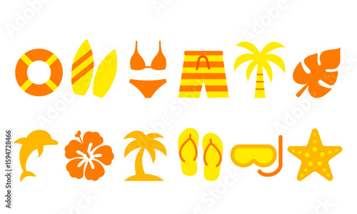 フラットな夏のビーチ系アイコンセット（カラー）