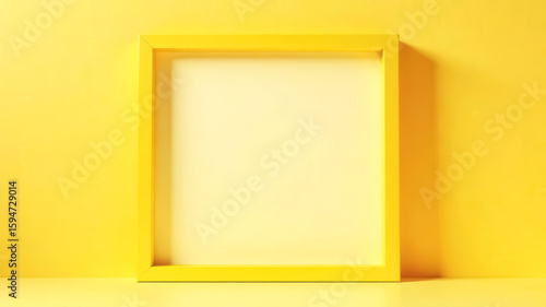 Empty yellow square photo frame on yellow wall on a table. Portrait format. Poster mockup design. Clean modern picture frame. Indoor interior decor. Children room decor. High quality photo.