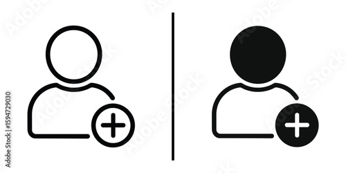 User Icons: Symbolic icons of user profiles. An open outline and solid silhouette featuring the universal symbol for adding, represent the core of connection, and expansion.