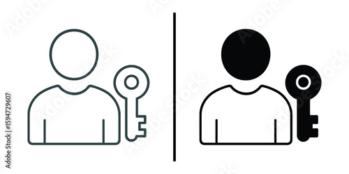 Access and Security: A minimalistic illustration showcases the concept of access and security with two contrasting human silhouettes, one open and the other closed, each holding a key.