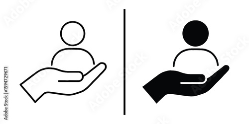 Hand Holding Human Symbol: A simple, graphic illustration that encapsulates the essence of care, support, and assistance, with a hand cradling a human form, symbolizing protection and aid.