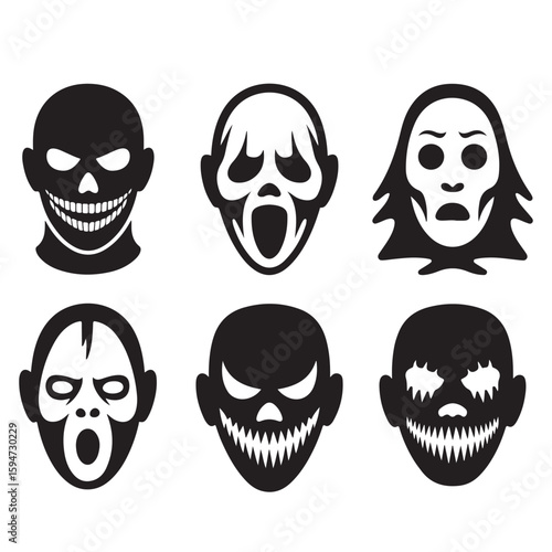 A collection of six black and white halloween monster masks with scary and spooky expressions displayed