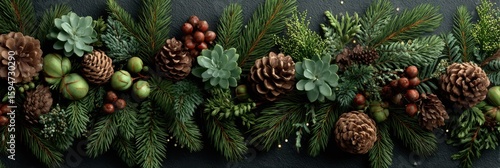 Festive decoration featuring pinecones, greenery, and berries on a dark background for holiday celebrations