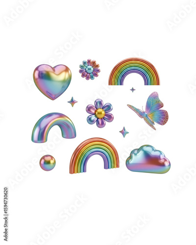 Y2K-inspired metal chrome 3D vector love, rainbow, butterfly