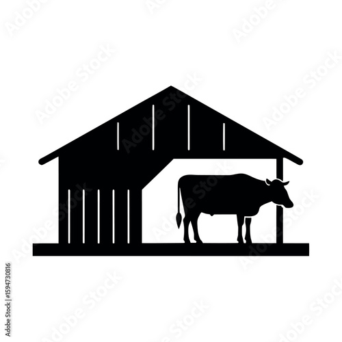 Cow shelter shed built on farm area Silhouette Vector illustration