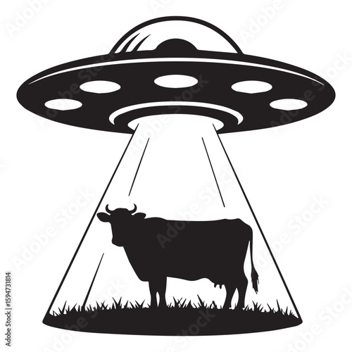 Vector art of a black and white silhouette of a cow being abducted by a ufo with a bright beam of light