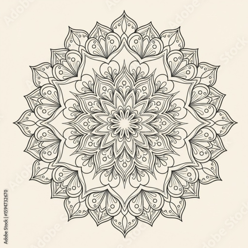 Intricate black and white mandala design with floral elements