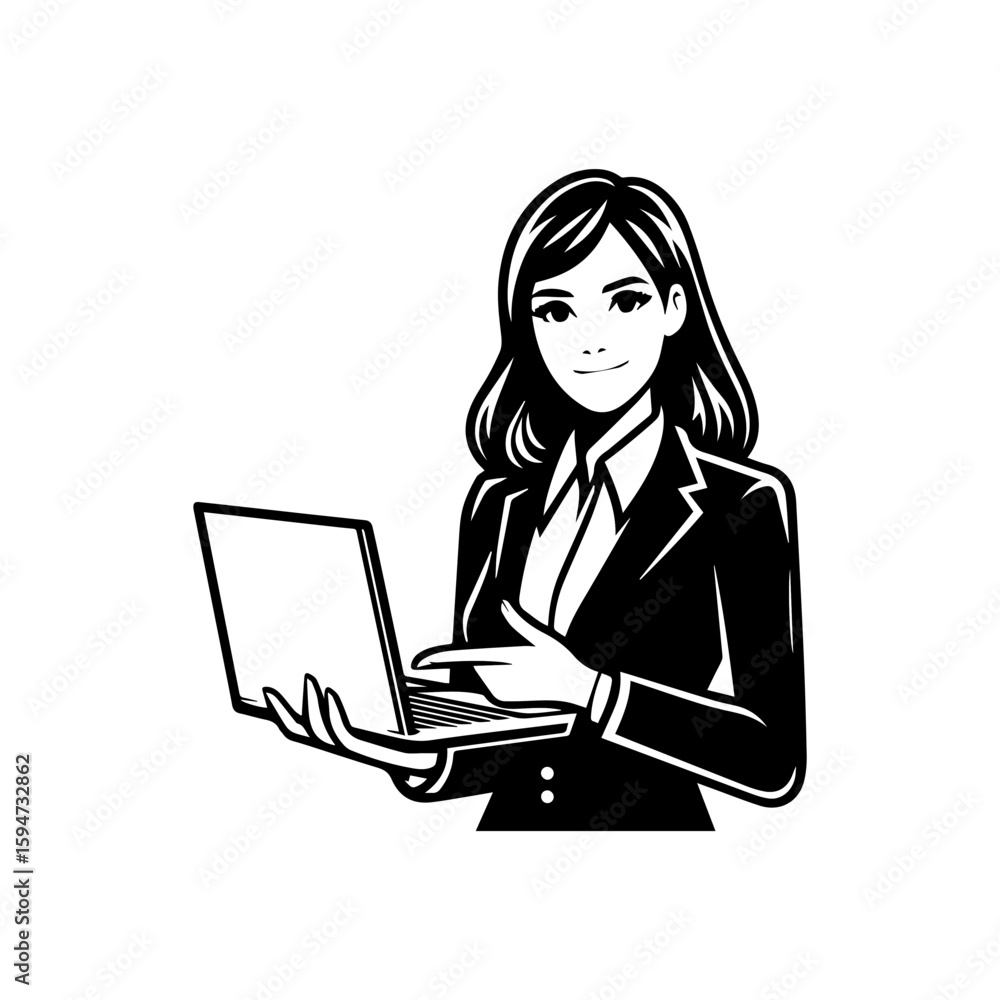 A female entrepreneur holding a laptop on with white background A female entrepreneur holding a laptop on with white background