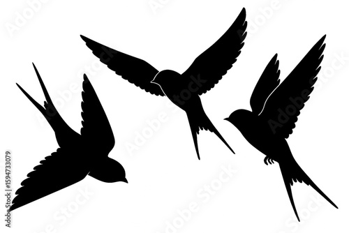 Elegant black silhouette swallow vectors, perfect for nature tattoos, minimalist logos, or wildlife decor. Graceful bird designs ideal for creative projects.