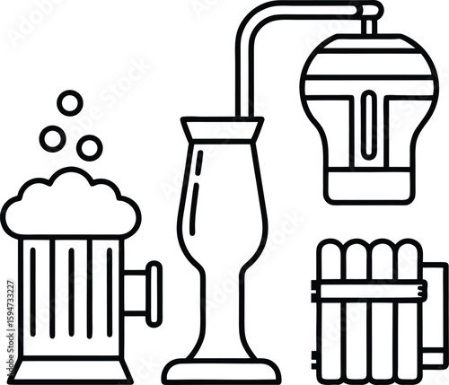Craft Beverage Composition: An artistic illustration showcasing diverse glassware and a brew kettle, celebrating the art and craft of beer making.
