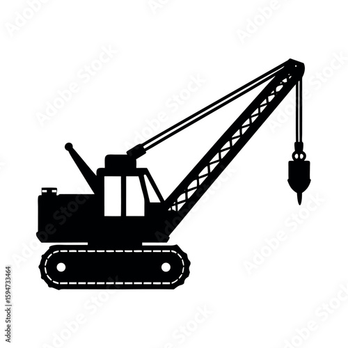 Massive dragline excavator with digging bucket Silhouette Vector illustration