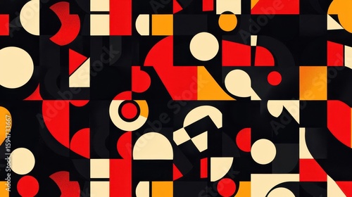 Abstract Geometric Shapes Composition in Bold Red and Black Color Scheme