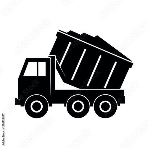 Heavy dump truck unloading soil or debris Silhouette Vector illustration