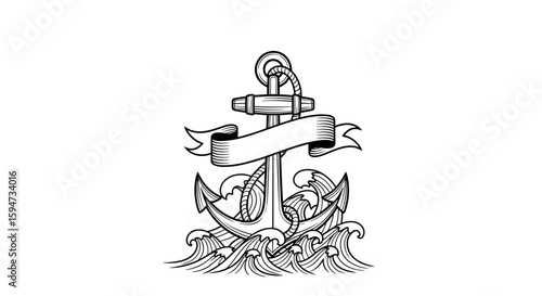 Nautical anchor with waves and a blank banner for customization, tattoo style illustration