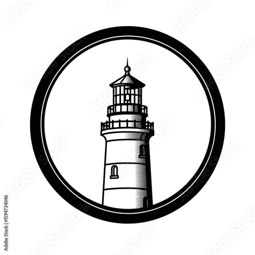 Minimalist lighthouse design within a black circular frame, symbolizing navigation and safety