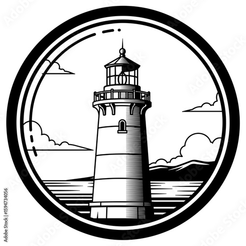 Stylized lighthouse illustration within a circular frame, representing guidance and safety