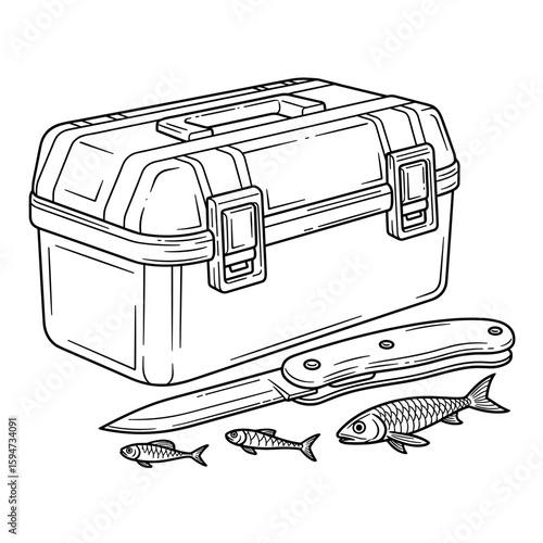 Fishing tackle box alongside a knife and freshly caught fish