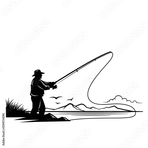 Fisherman casting a line into the water with mountains and birds in the background