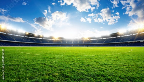 Empty Football Stadium with Green Field and Blue Sky Perfect for Match and Championship Concepts